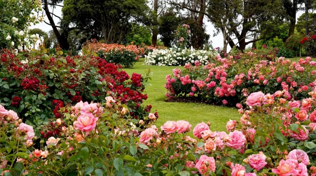 Rose garden. Beautiful display of roses in a large garden setting.