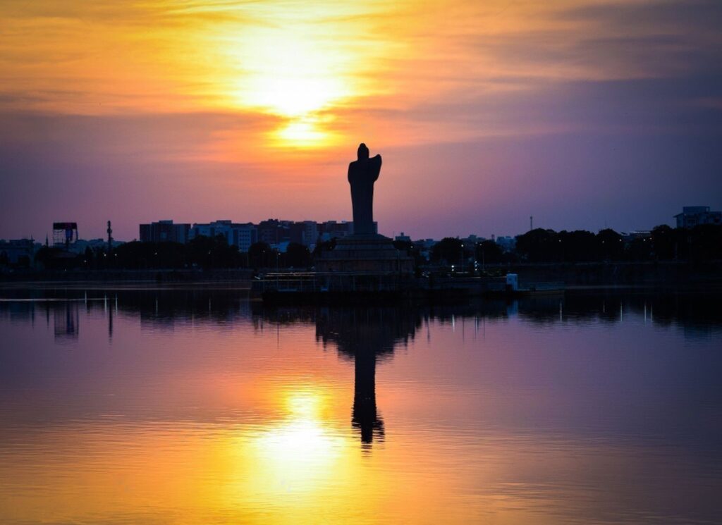 stock photo hussain sagar and tank bund in hyderabad with buddha statue 1421482157 transformed