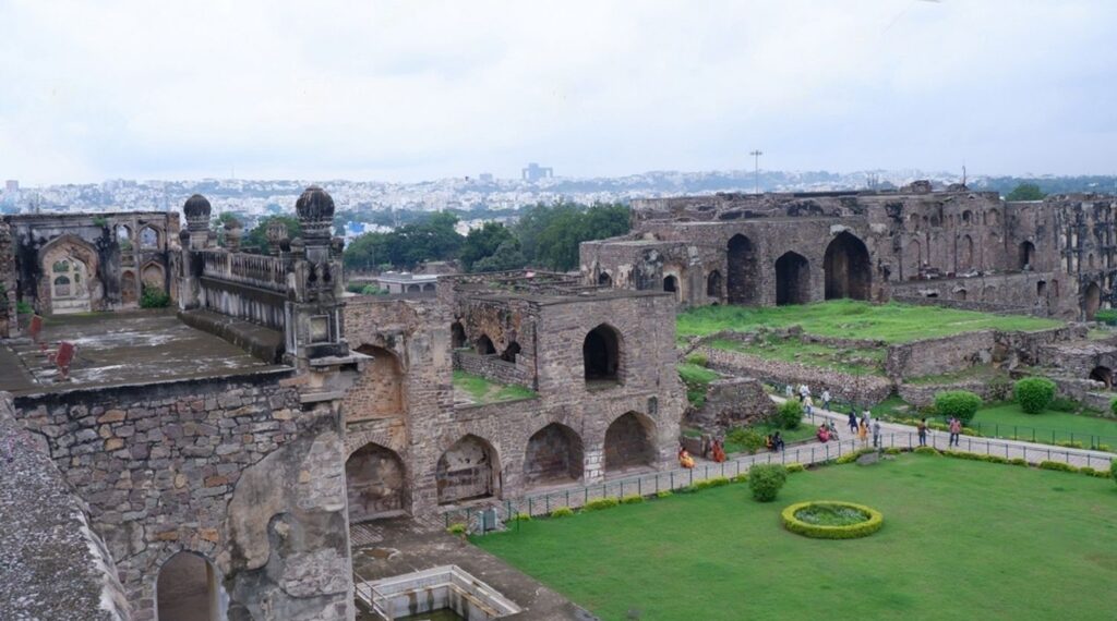 Lawns and structures opposite Taramati Baradari in Golkonda Fort, Hyderabad, Telangana, India